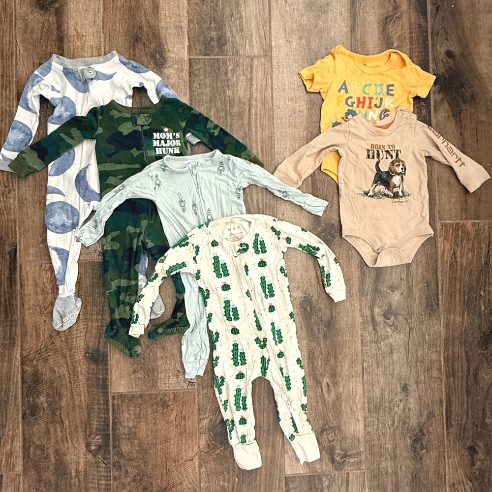 Curated Mixed Brand Lot: 6 pc Baby Boy Nature Theme Sleepers Bodysuits, 12 mo